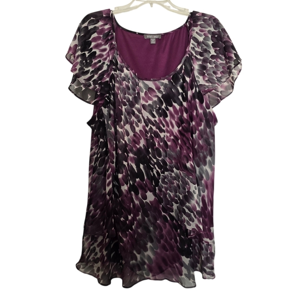 Roz & Ali Purple White Gray and Black Flowy Patterned Blouse